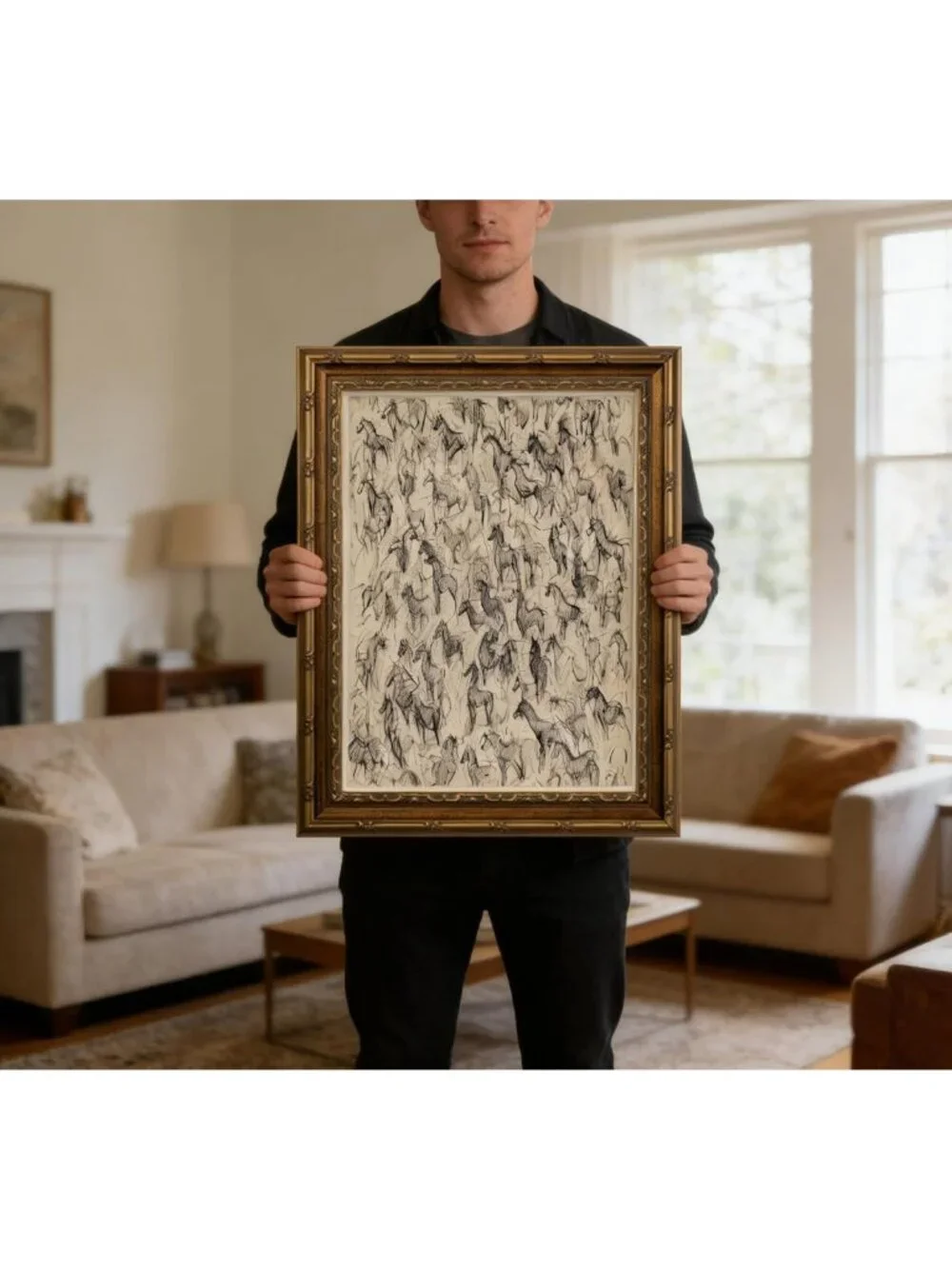 Vintage Gold Framed Horse Sketch Wall Art, Rustic Equestrian Canvas Print Decor